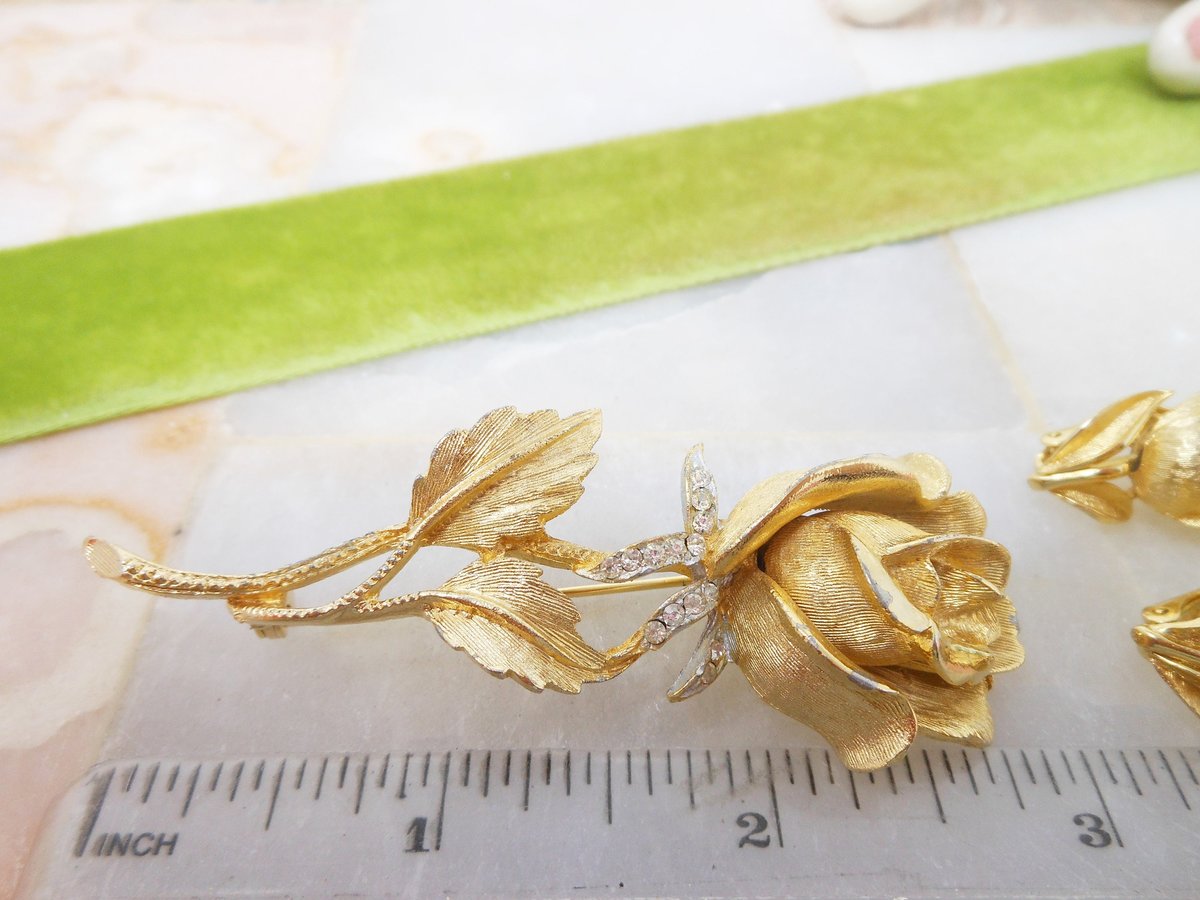 Vintage CAPRI Flower Brooch Earrings Set Rose Pin Rhinestone Clip On Gold Plate Designer Jewelry Gift Mid Century, VivianJoel.com