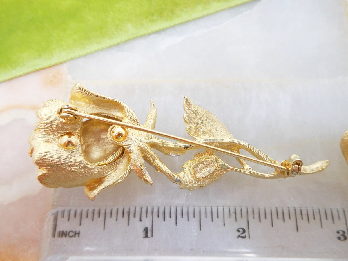 Vintage CAPRI Flower Brooch Earrings Set Rose Pin Rhinestone Clip On Gold Plate Designer Jewelry Gift Mid Century, VivianJoel.com