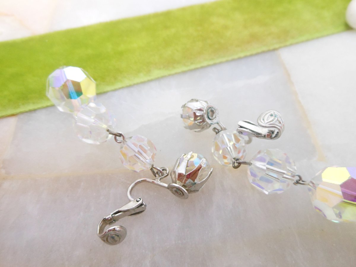 Vintage Chandelier Crystal Earrings Aurora Borealis Dangle Drop Clip On Disco Hollywood Prom Glam Mid Century Jewelry, VivianJoel.com