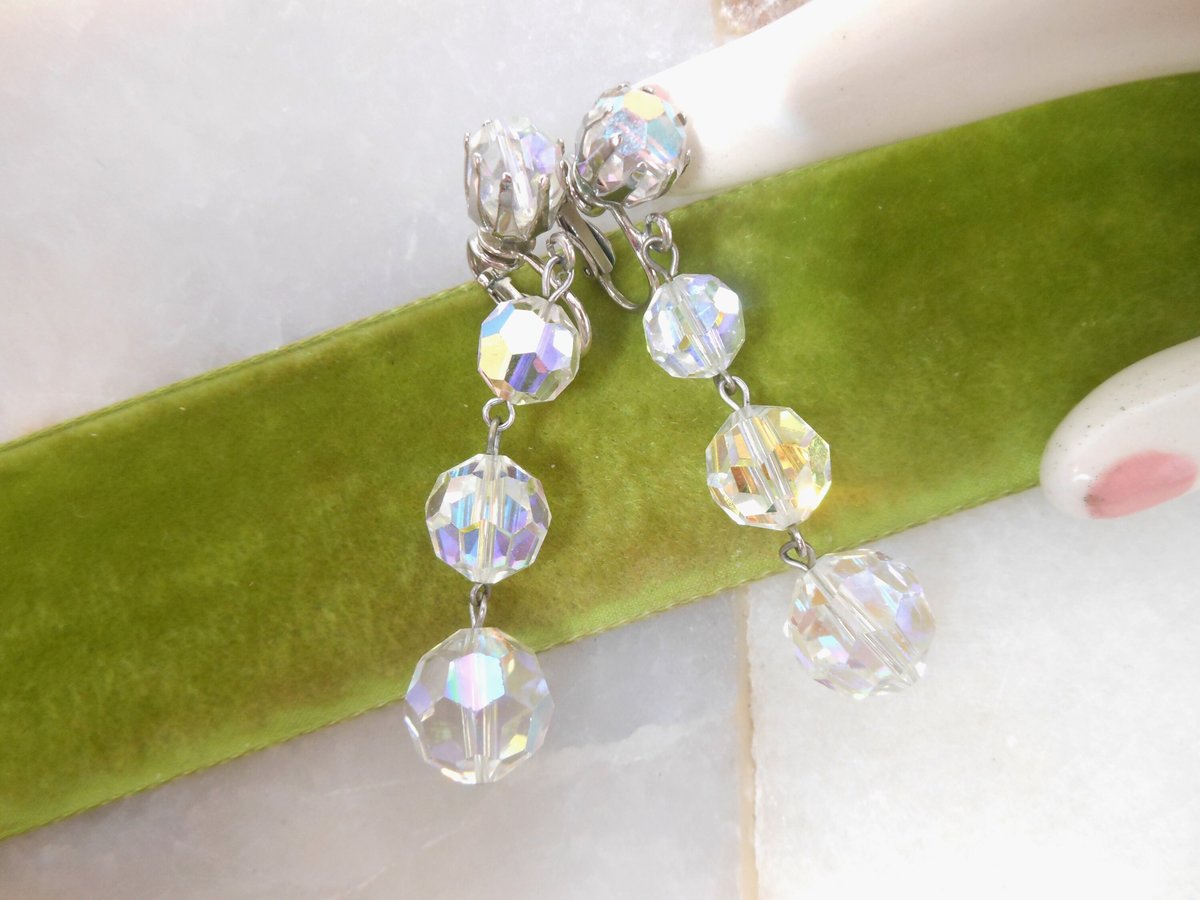 Vintage Chandelier Crystal Earrings Aurora Borealis Dangle Drop Clip On Disco Hollywood Prom Glam Mid Century Jewelry, VivianJoel.com