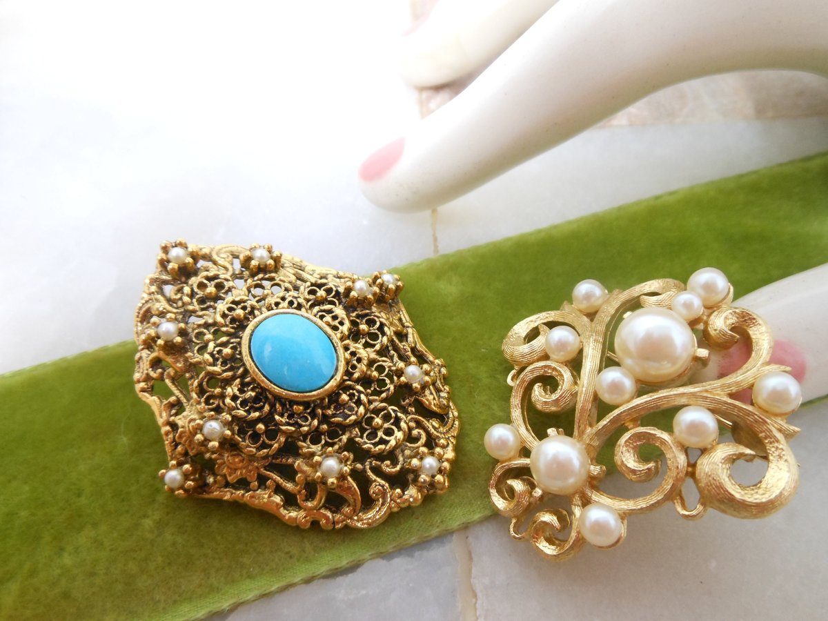 Vintage LOT 2 Ornate Brooch  Pearl Blue Pin Regency Renaissance Victorian Revival Jewelry Gift Mid Century, VivianJoel.com