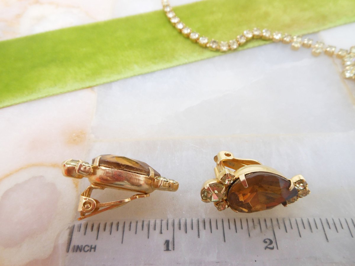 Vintage Topaz Necklace Earrings Set Crystal Rhinestone Demi Parure Mid Century Pin Up Regency Revival Jewelry *as is*, VivianJoel.com