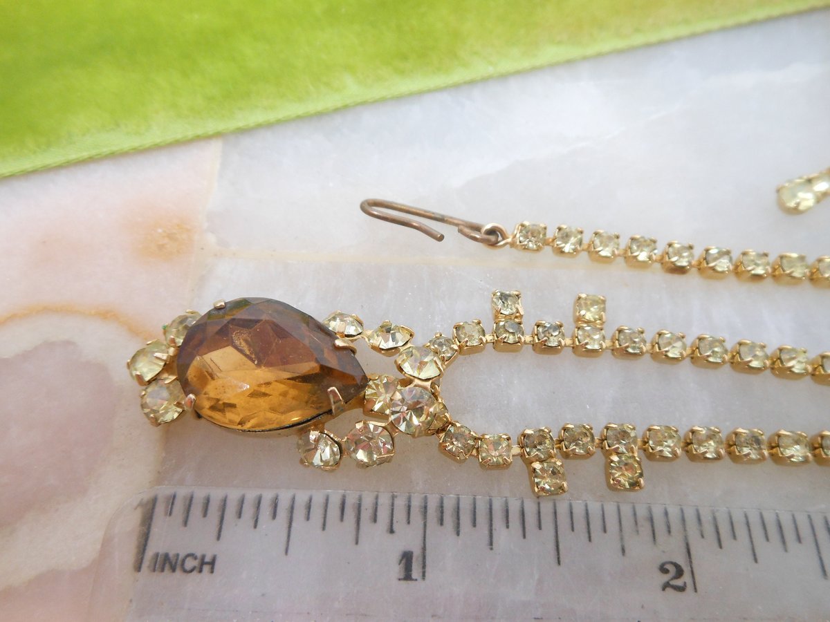 Vintage Topaz Necklace Earrings Set Crystal Rhinestone Demi Parure Mid Century Pin Up Regency Revival Jewelry *as is*, VivianJoel.com