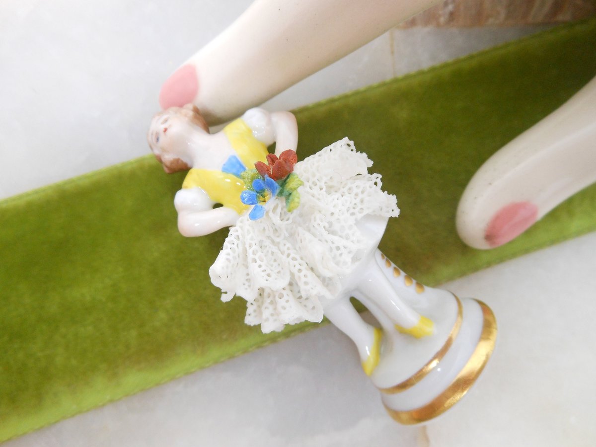 Vintage Dresden Germany Miniature Porcelain Figural Lady Girl Figurine Lace Skirt Dancer *Tattered As Is* Mid Century, VivianJoel.com