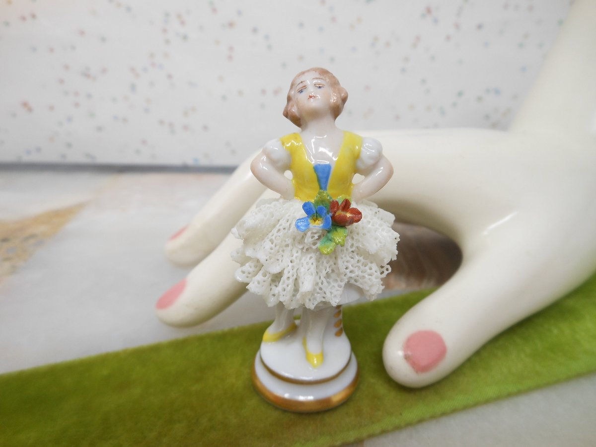 Vintage Dresden Germany Miniature Porcelain Figural Lady Girl Figurine Lace Skirt Dancer *Tattered As Is* Mid Century, VivianJoel.com