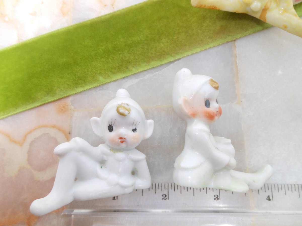 Vintage LOT 3 Pixie Elf Ceramic Porcelain Christmas Anytime Japan Figurine White Yellow Mid Century Decor Holiday, VivianJoel.com