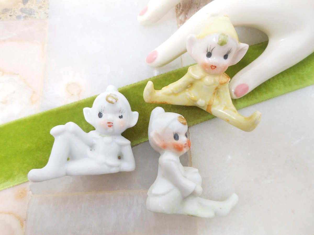 Vintage LOT 3 Pixie Elf Ceramic Porcelain Christmas Anytime Japan Figurine White Yellow Mid Century Decor Holiday, VivianJoel.com