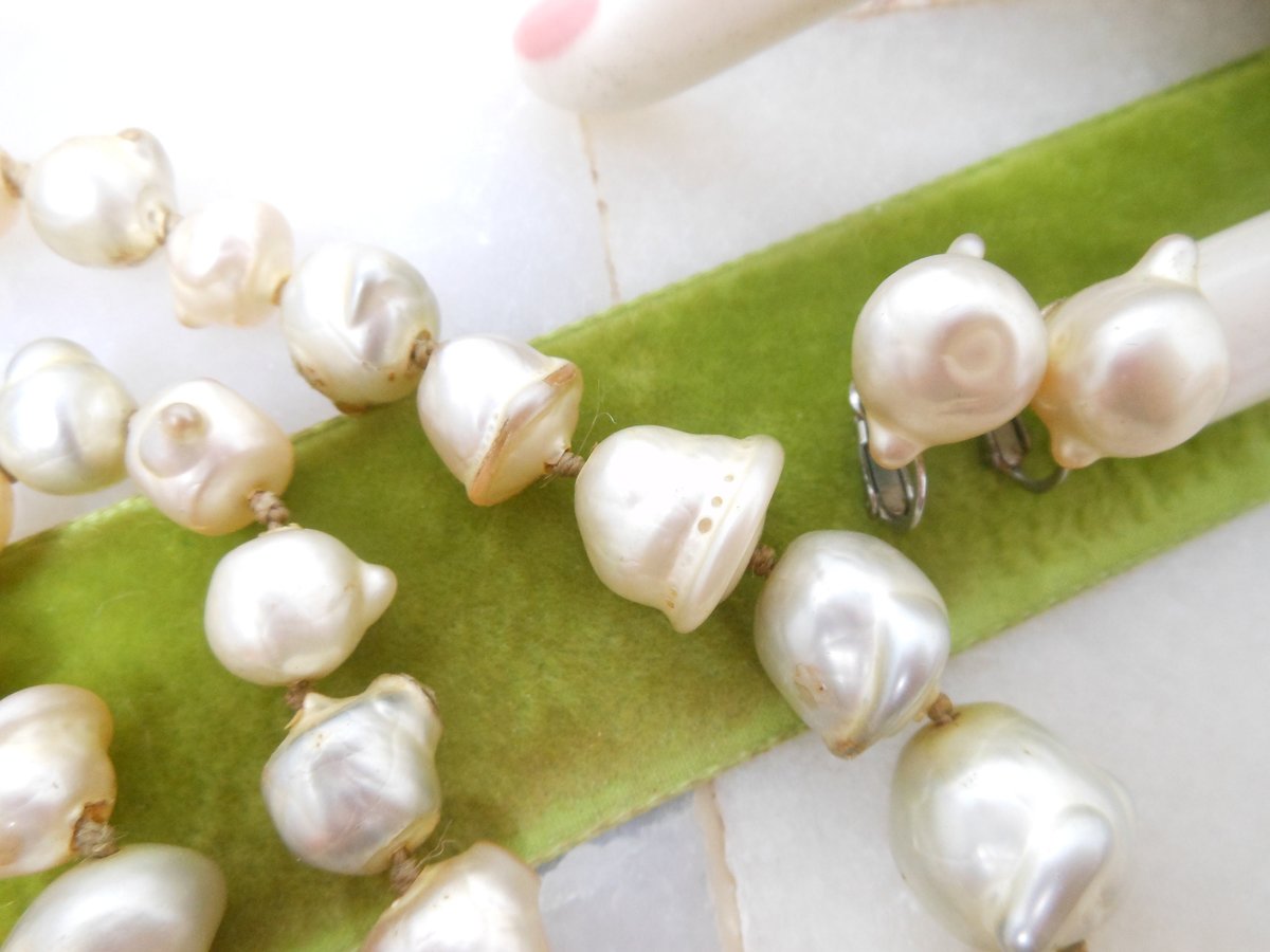 Vintage VOGUE Baroque Necklace Earrings Set Glass Lampwork Pearl Bead Designer Handknotted Mid Century Art Deco *AS IS*, VivianJoel.com