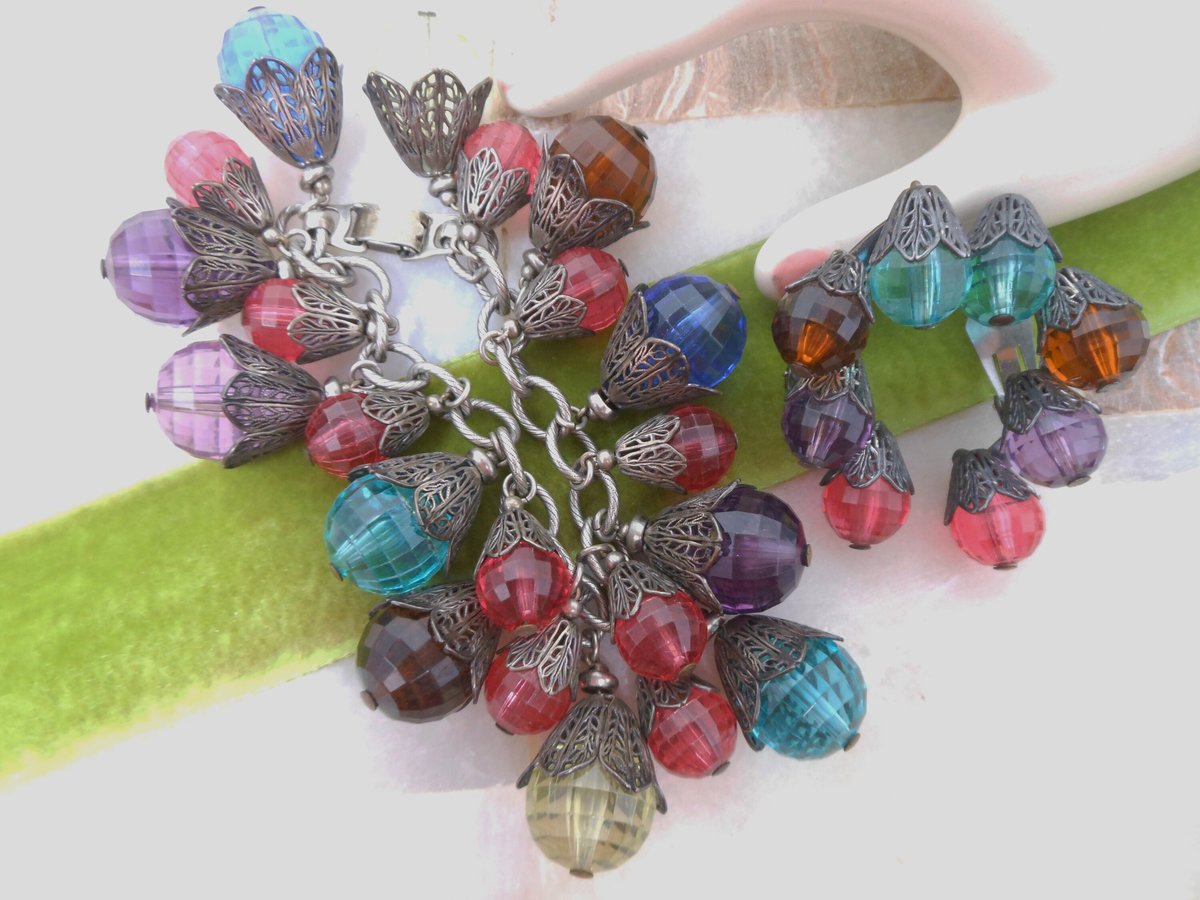 Vintage NAPIER Pat Pend 21 Charm Bracelet Earrings Set Chain Link Chunky Lantern Bauble Designer Mid Century Jewelry, VivianJoel.com