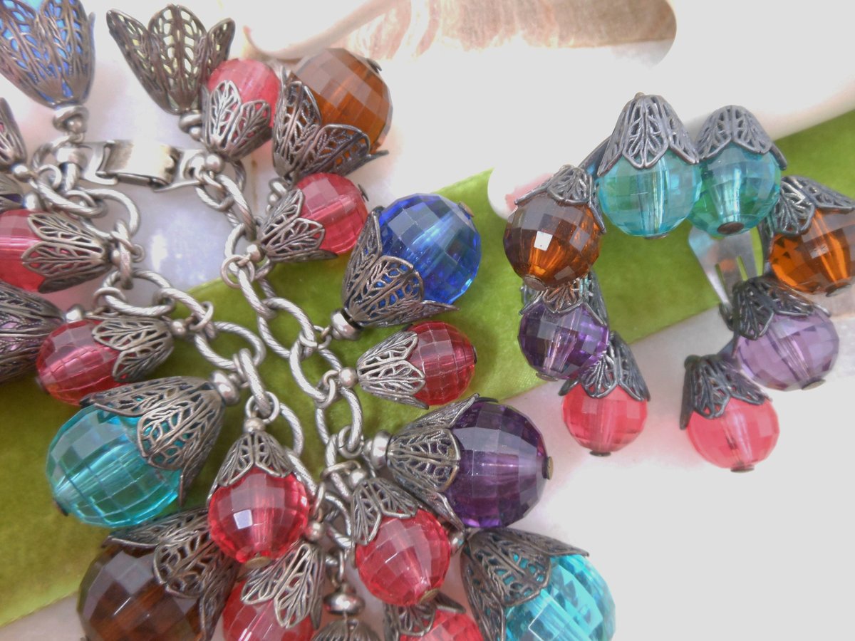 Vintage NAPIER Pat Pend 21 Charm Bracelet Earrings Set Chain Link Chunky Lantern Bauble Designer Mid Century Jewelry, VivianJoel.com