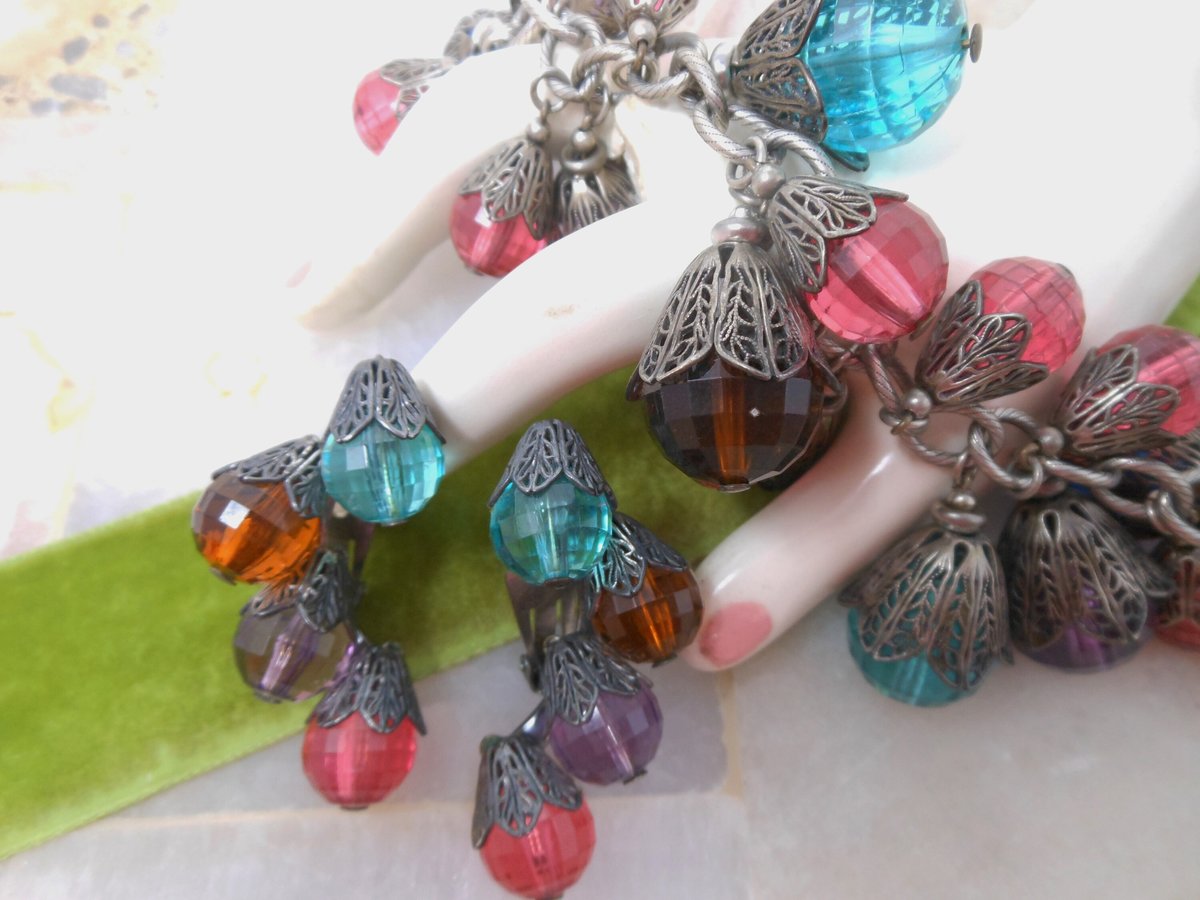 Vintage NAPIER Pat Pend 21 Charm Bracelet Earrings Set Chain Link Chunky Lantern Bauble Designer Mid Century Jewelry, VivianJoel.com