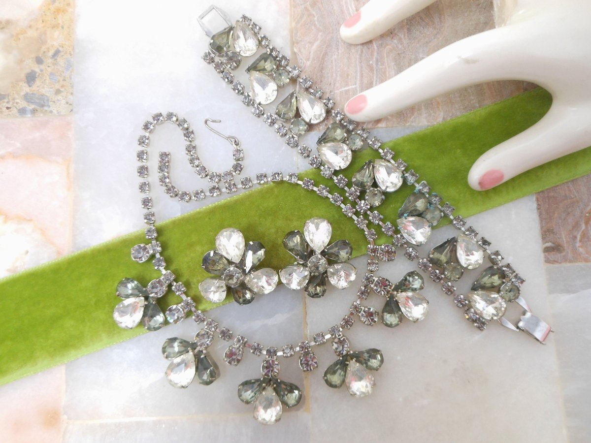 Vintage Rhinestone Parure Necklace Bracelet Earrings Set Smoky Gray Old Hollywood Glam Mid Century Jewelry *as is*, VivianJoel.com