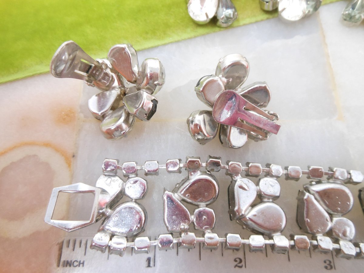 Vintage Rhinestone Parure Necklace Bracelet Earrings Set Smoky Gray Old Hollywood Glam Mid Century Jewelry *as is*, VivianJoel.com