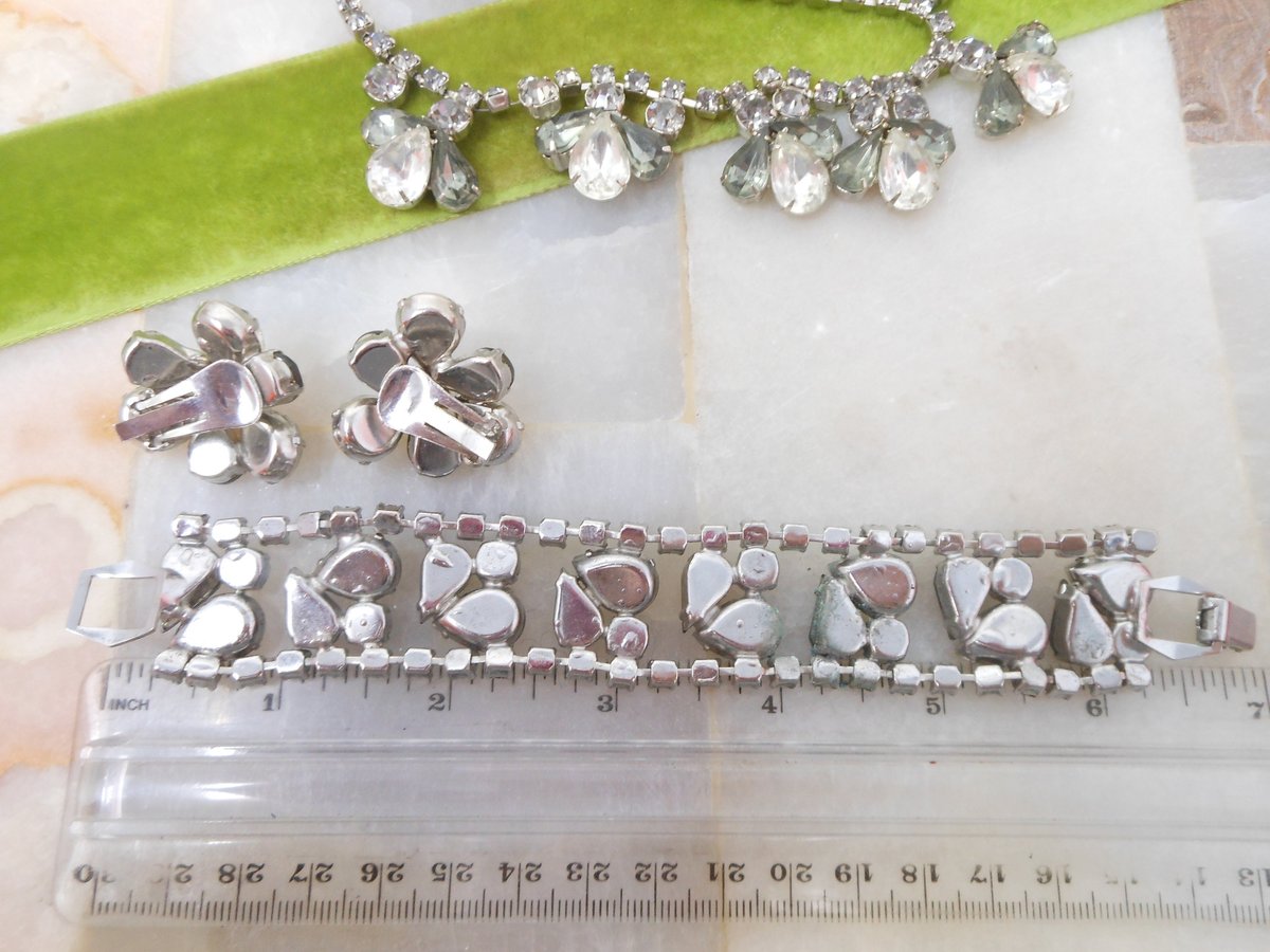 Vintage Rhinestone Parure Necklace Bracelet Earrings Set Smoky Gray Old Hollywood Glam Mid Century Jewelry *as is*, VivianJoel.com