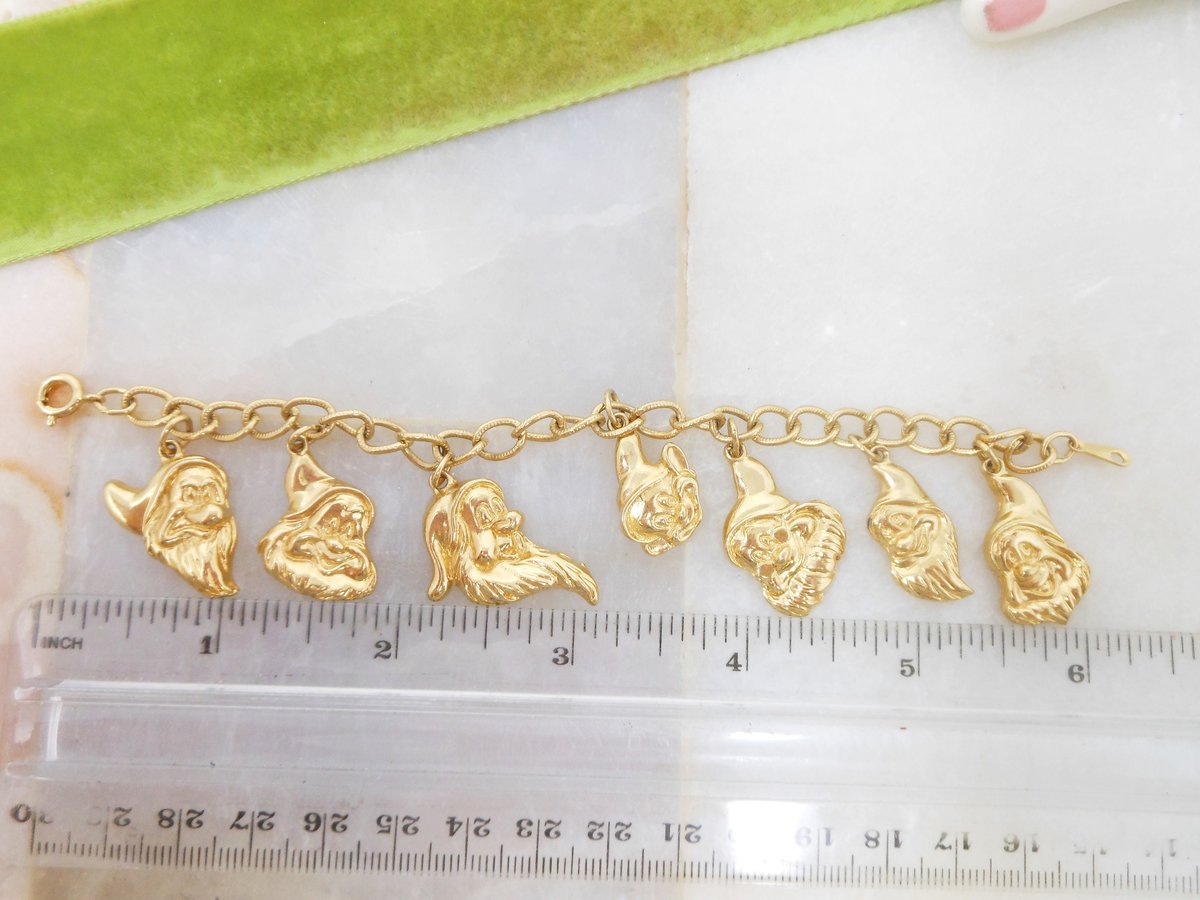 Vintage DISNEY Charm Bracelet Seven Dwarfs Gold Plate Travel Souvenir Sleeping Beauty Collectible Fan Jewelry Petite Small, VivianJoel.com