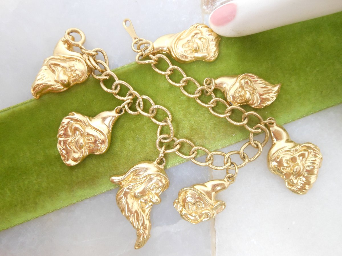 Vintage DISNEY Charm Bracelet Seven Dwarfs Gold Plate Travel Souvenir Sleeping Beauty Collectible Fan Jewelry Petite Small, VivianJoel.com