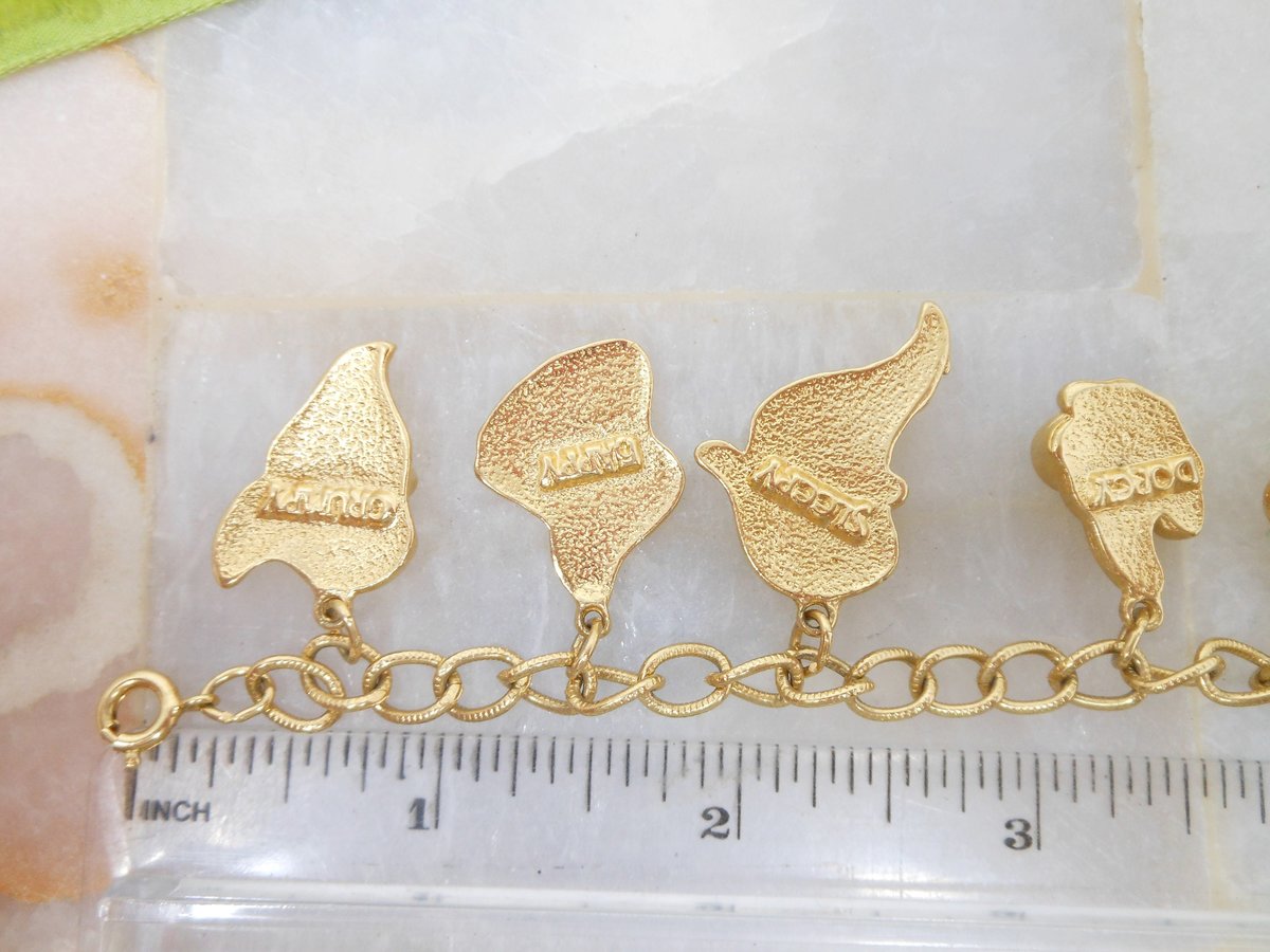 Vintage DISNEY Charm Bracelet Seven Dwarfs Gold Plate Travel Souvenir Sleeping Beauty Collectible Fan Jewelry Petite Small, VivianJoel.com