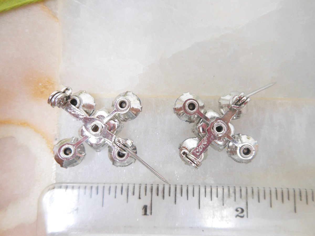 Vintage CORO Scatter Pin Set Blue Brooch Rhinestone Flower Petite Double Designer Regency Revival Mid Century Jewelry, VivianJoel.com