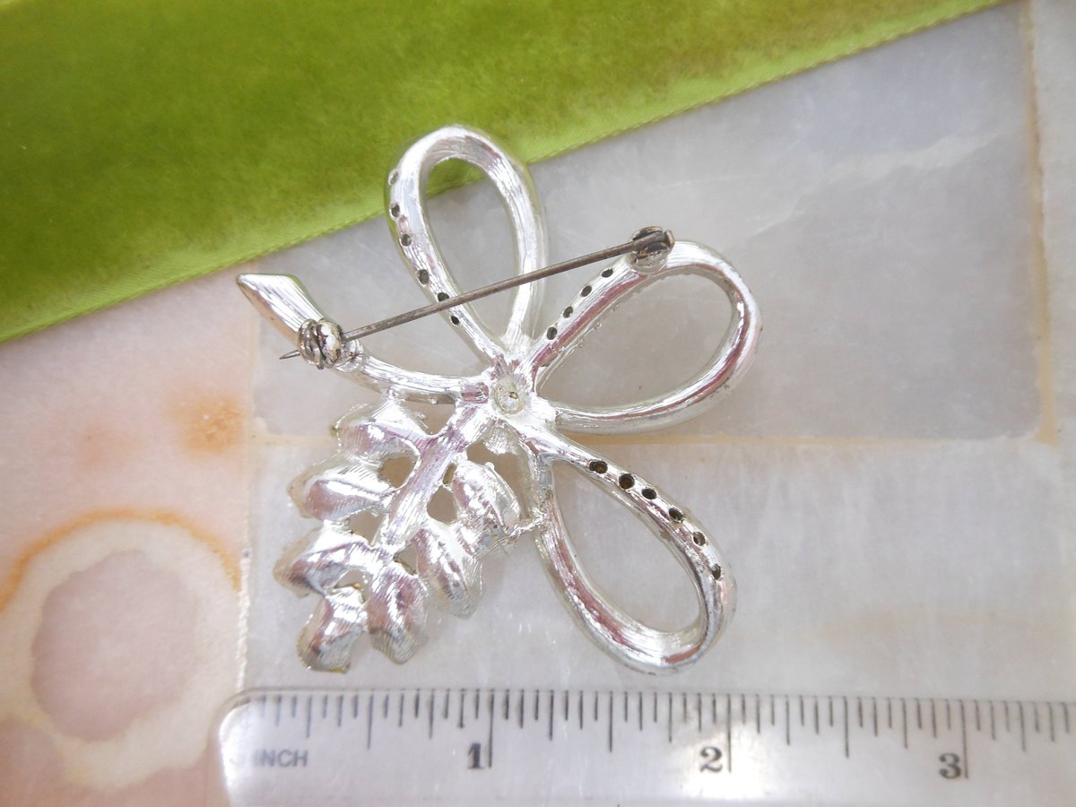 Vintage Rhinestone Bow Pin Flower Brooch Clear Ice Crystal Mid Century Wedding Bouquet Jewelry Gift, VivianJoel.com