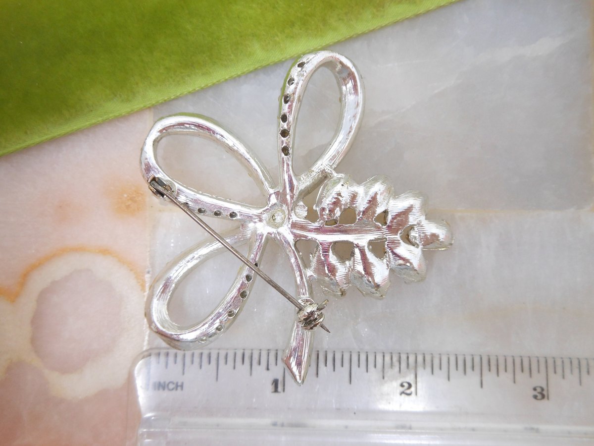 Vintage Rhinestone Bow Pin Flower Brooch Clear Ice Crystal Mid Century Wedding Bouquet Jewelry Gift, VivianJoel.com