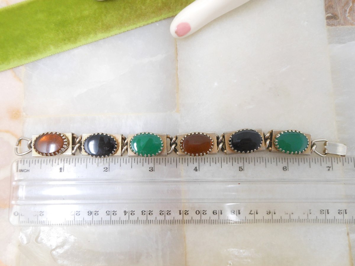 Vintage Glass Gem Bracelet Multi Link Modernist Chunky Chain Jade Onyx Maple Jewelry Mid Century *as is*, VivianJoel.com