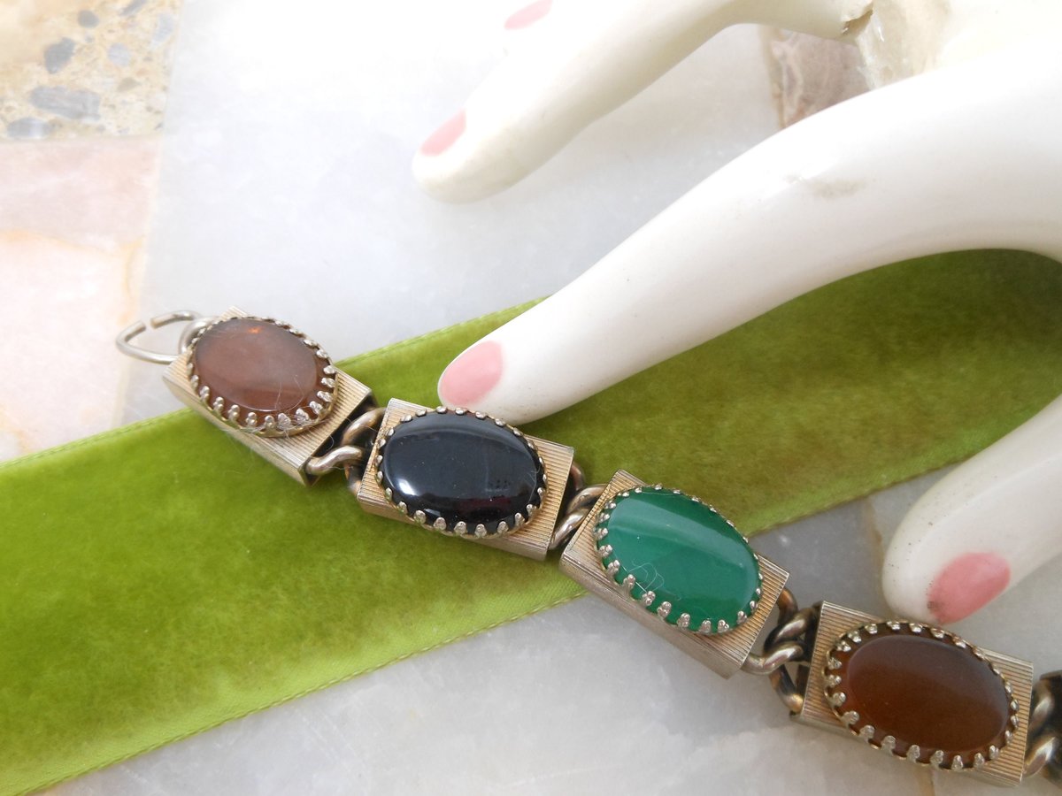 Vintage Glass Gem Bracelet Multi Link Modernist Chunky Chain Jade Onyx Maple Jewelry Mid Century *as is*, VivianJoel.com