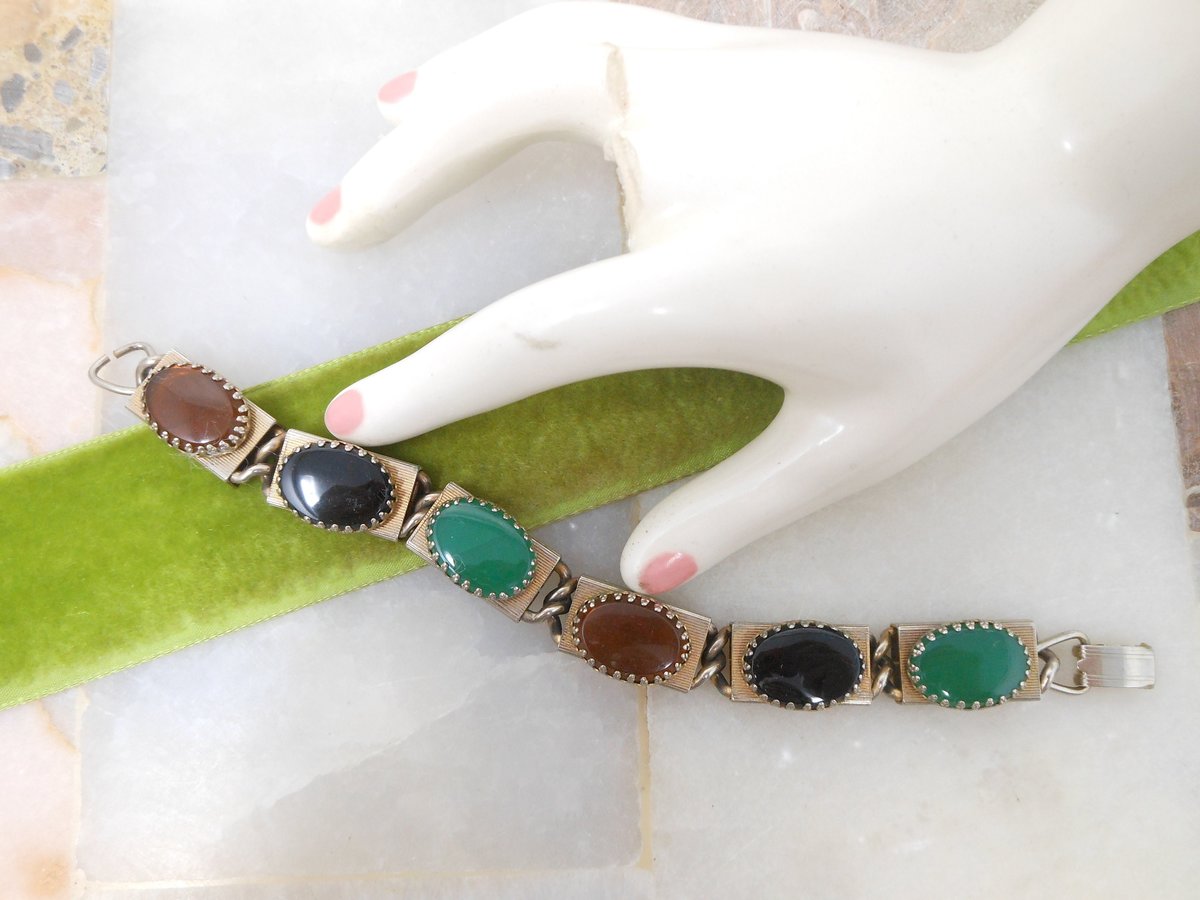 Vintage Glass Gem Bracelet Multi Link Modernist Chunky Chain Jade Onyx Maple Jewelry Mid Century *as is*, VivianJoel.com