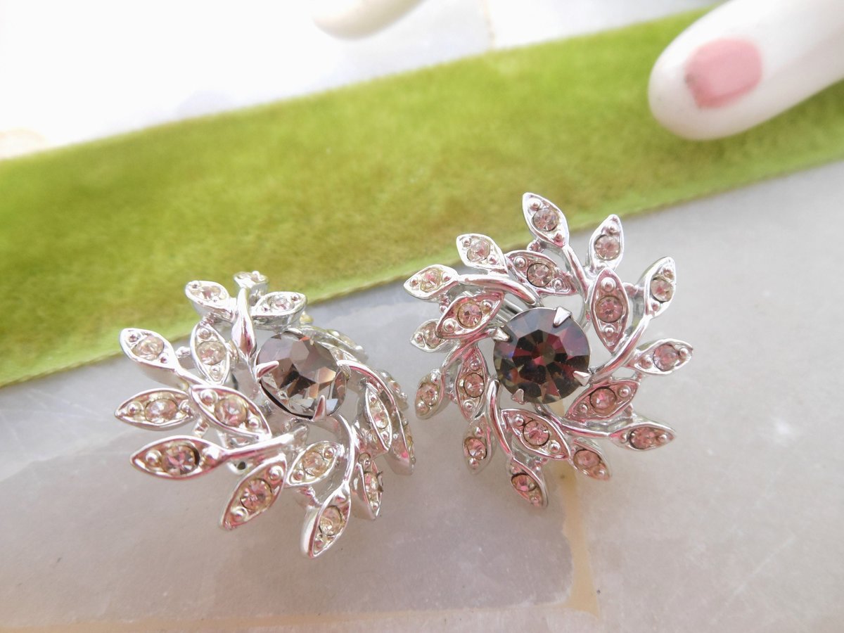 Vintage SARAH COVENTRY Earrings Designer Flower Pinwheel Rhinestone Evening Snowflake Jewelry Gift Mid Century, VivianJoel.com