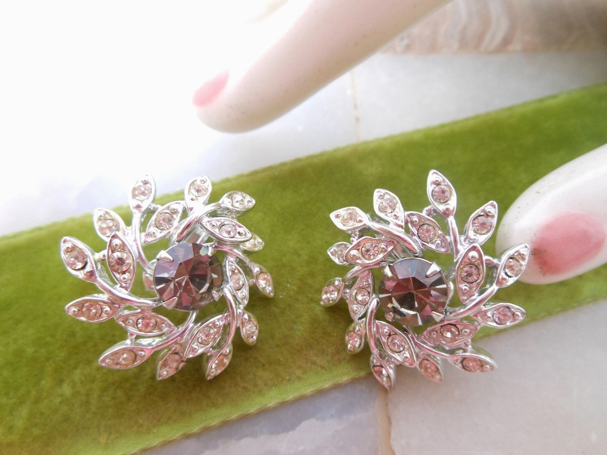 Vintage SARAH COVENTRY Earrings Designer Flower Pinwheel Rhinestone Evening Snowflake Jewelry Gift Mid Century, VivianJoel.com