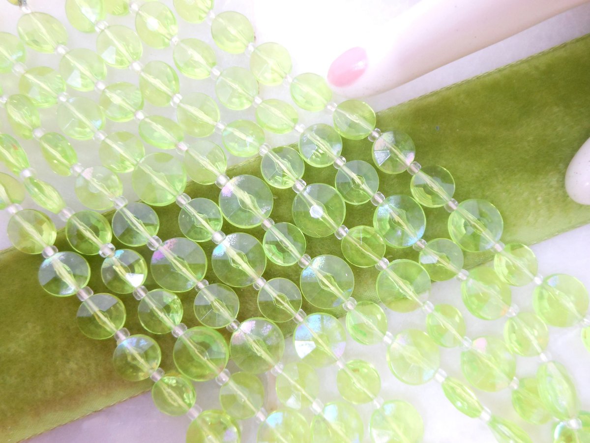 Vintage WEST GERMANY Bead Necklace 4 Multi Strand Plastic Green Saucer Bib Jewelry Mid Century, VivianJoel.com