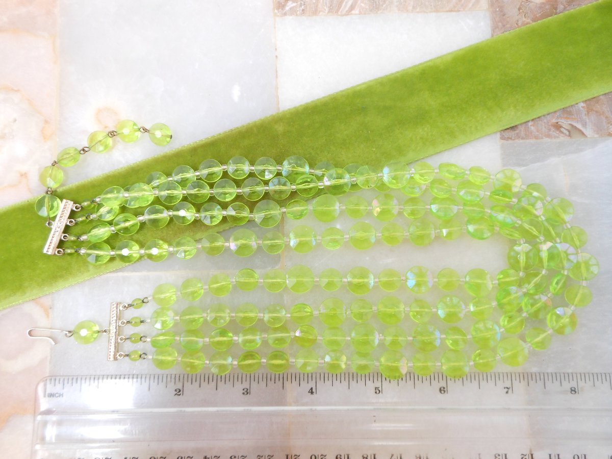Vintage WEST GERMANY Bead Necklace 4 Multi Strand Plastic Green Saucer Bib Jewelry Mid Century, VivianJoel.com