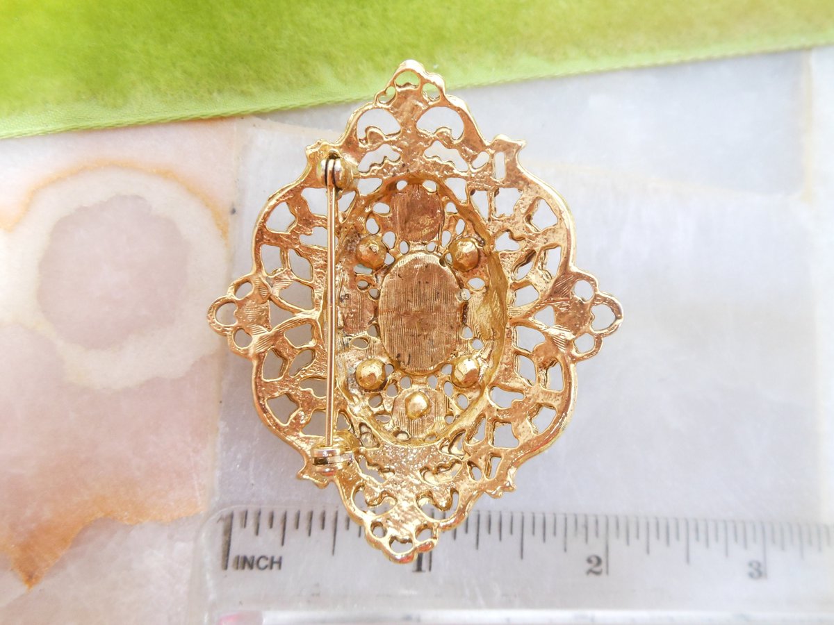 Vintage Victorian Revival Pin Ornate Brooch Mogul Pink Purple Lucite Bubble Jewelry Mid Century, VivianJoel.com