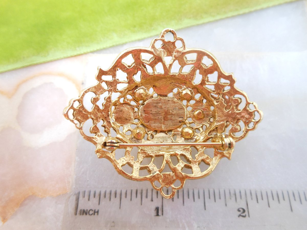 Vintage Victorian Revival Pin Ornate Brooch Mogul Pink Purple Lucite Bubble Jewelry Mid Century, VivianJoel.com