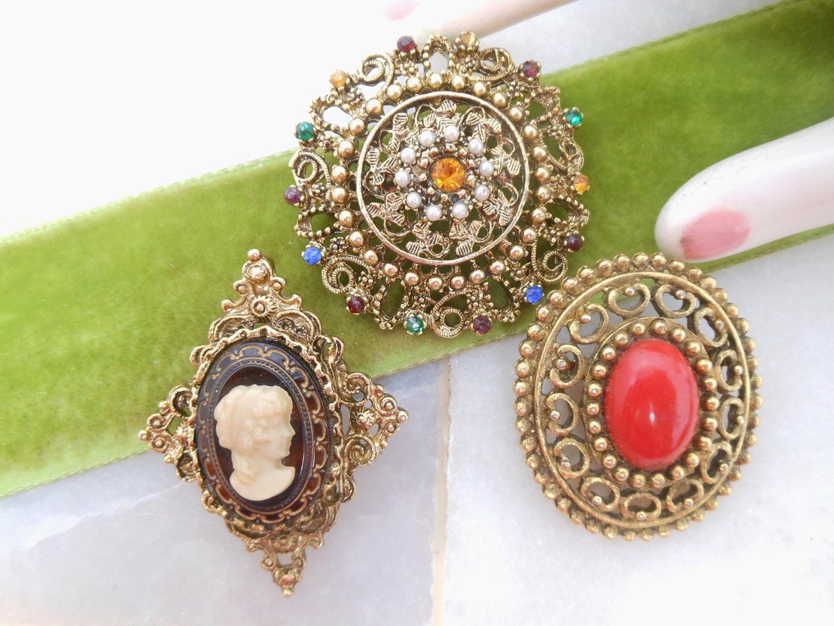 Vintage LOT 3 Victorian Revival Brooch Cameo Pin Collection Rhinestone Ornate Mid Century Jewelry Gift, VivianJoel.com
