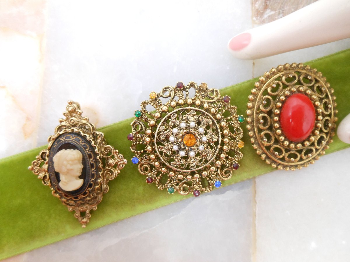 Vintage LOT 3 Victorian Revival Brooch Cameo Pin Collection Rhinestone Ornate Mid Century Jewelry Gift, VivianJoel.com