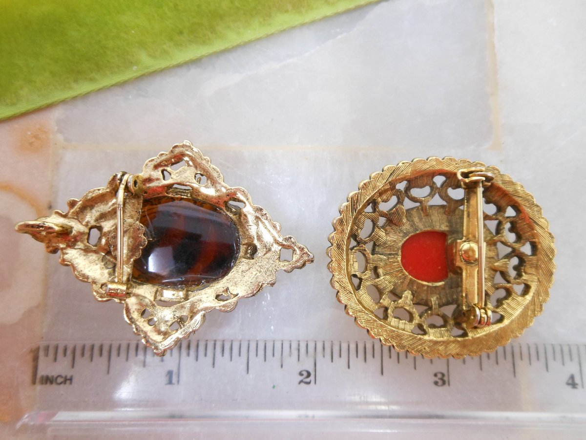 Vintage LOT 3 Victorian Revival Brooch Cameo Pin Collection Rhinestone Ornate Mid Century Jewelry Gift, VivianJoel.com