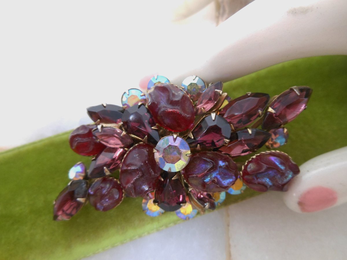 Vintage Red Lava Brooch Aurora Borealis Amethyst Purple Pin Rhinestone Flower Spray Regency Revival Mid Century Jewelry, VivianJoel.com