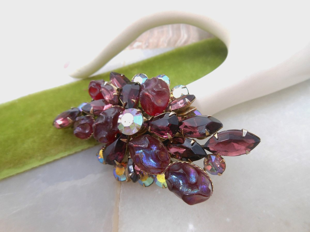 Vintage Red Lava Brooch Aurora Borealis Amethyst Purple Pin Rhinestone Flower Spray Regency Revival Mid Century Jewelry, VivianJoel.com