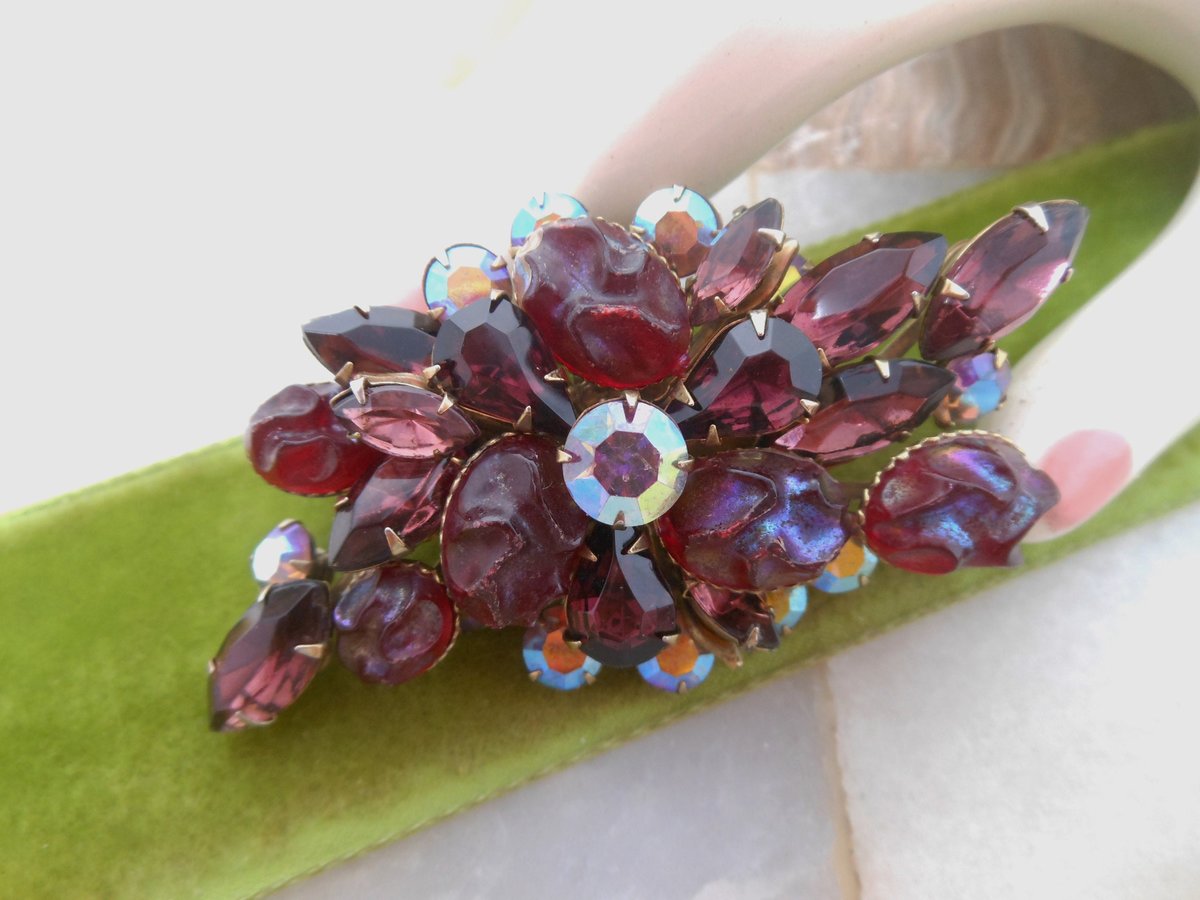 Vintage Red Lava Brooch Aurora Borealis Amethyst Purple Pin Rhinestone Flower Spray Regency Revival Mid Century Jewelry, VivianJoel.com