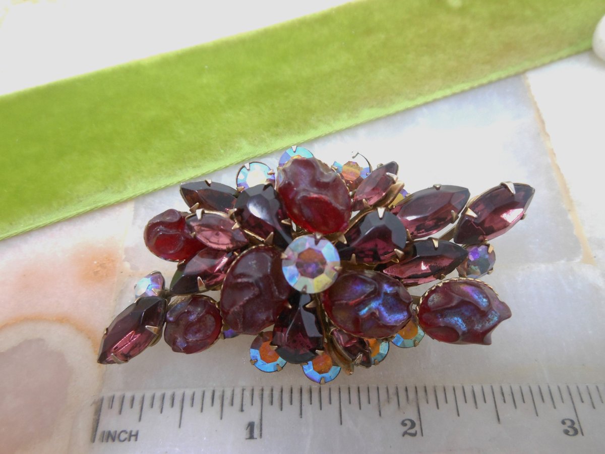 Vintage Red Lava Brooch Aurora Borealis Amethyst Purple Pin Rhinestone Flower Spray Regency Revival Mid Century Jewelry, VivianJoel.com