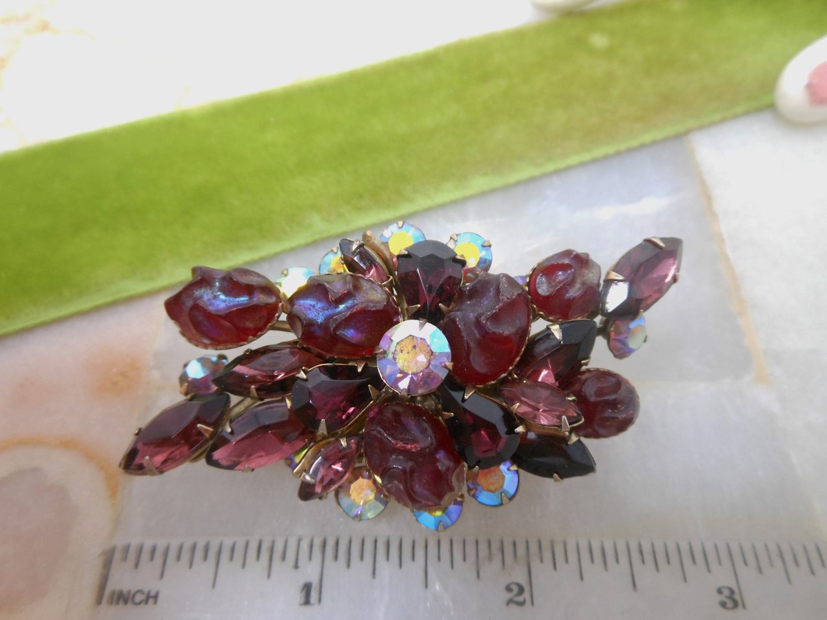 Vintage Red Lava Brooch Aurora Borealis Amethyst Purple Pin Rhinestone Flower Spray Regency Revival Mid Century Jewelry, VivianJoel.com