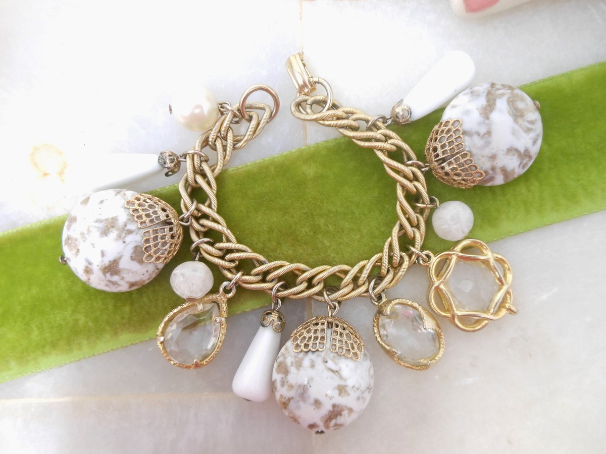 Vintage Chunky Charm Bracelet Plastic Confetti Glass Bauble White Bead Mid Century Jewelry Gift, VivianJoel.com