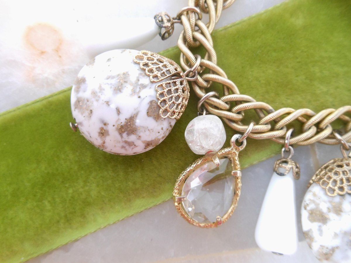 Vintage Chunky Charm Bracelet Plastic Confetti Glass Bauble White Bead Mid Century Jewelry Gift, VivianJoel.com