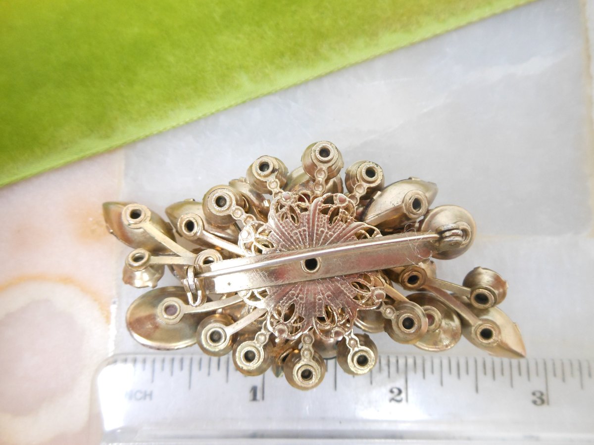 Vintage Red Lava Brooch Aurora Borealis Amethyst Purple Pin Rhinestone Flower Spray Regency Revival Mid Century Jewelry, VivianJoel.com