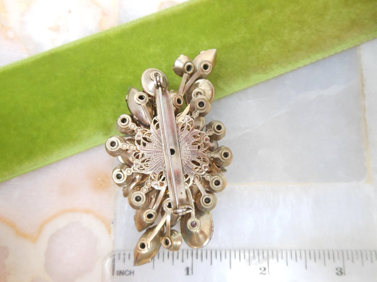 Vintage Red Lava Brooch Aurora Borealis Amethyst Purple Pin Rhinestone Flower Spray Regency Revival Mid Century Jewelry, VivianJoel.com