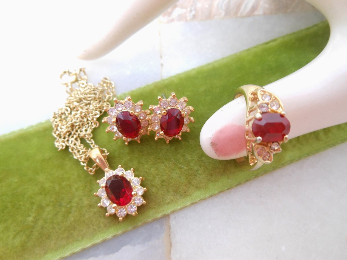 Vintage ROMAN Rhinestone Necklace Earrings Set Ring Size 5 Red Ruby Clear Ice Crystal Hollywood Glam Designer Jewelry, VivianJoel.com