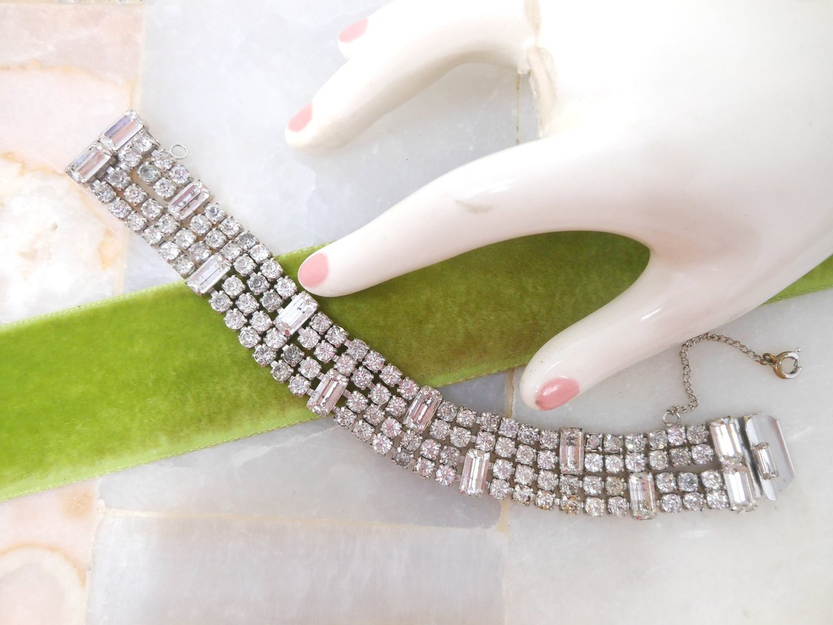Vintage WEISS Rhinestone Bracelet Clear Ice Crystal Hollywood Glam Mid Century Designer Jewelry *as is*,  VivianJoel.com