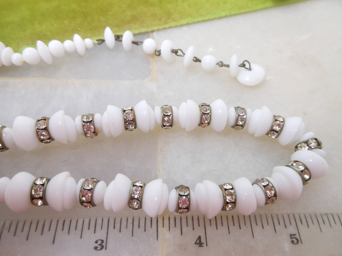 Vintage Milk Glass White Bead Necklace Rhinestone Rondelle Collar Choker Jewelry Wedding Mid Century, VivianJoel.com
