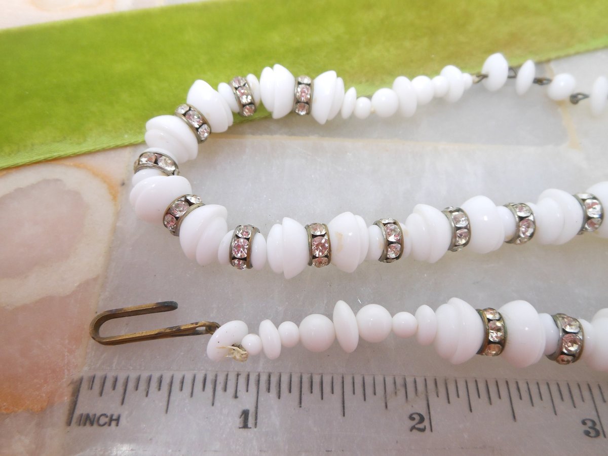 Vintage Milk Glass White Bead Necklace Rhinestone Rondelle Collar Choker Jewelry Wedding Mid Century, VivianJoel.com