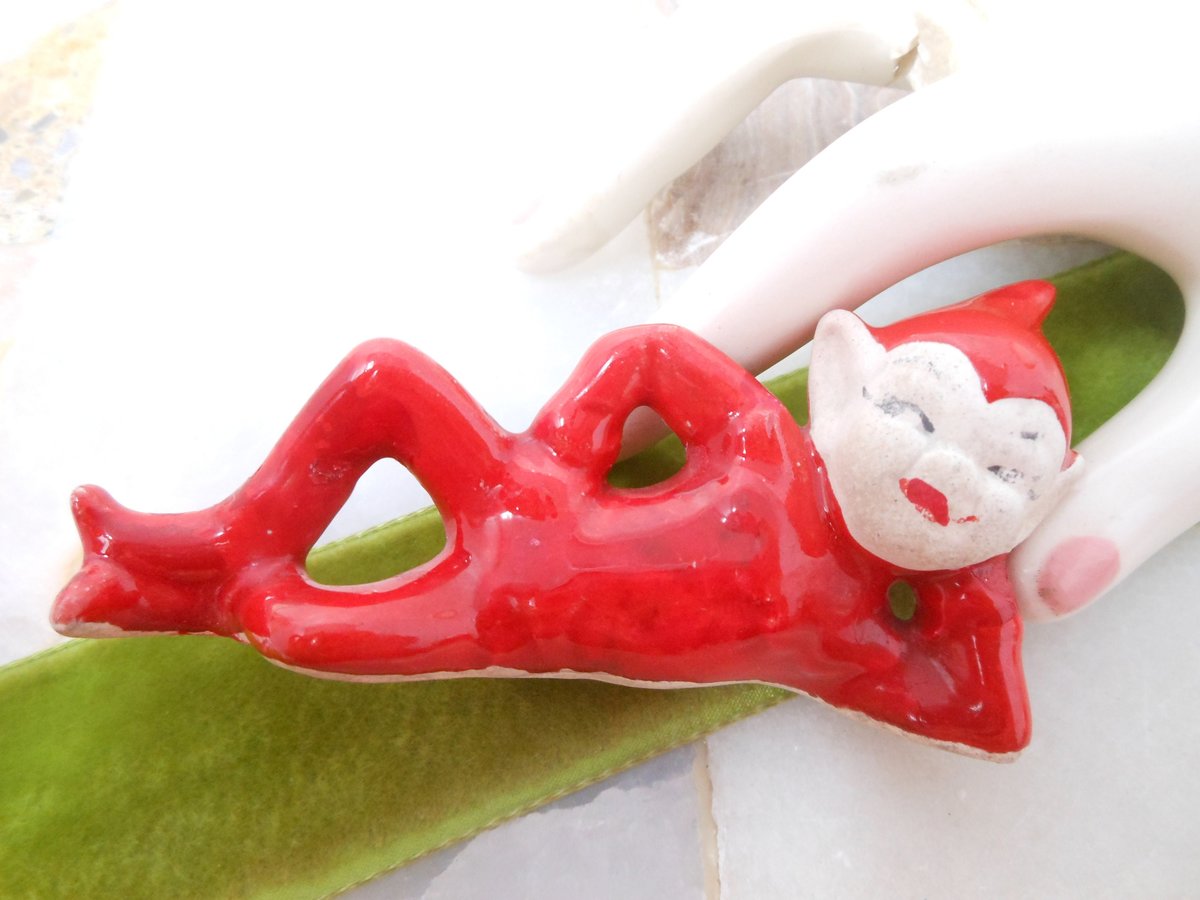 Vintage Red Pixie Elf Ceramic Christmas Anytime Figurine Mid Century Decor Holiday, VivianJoel.com